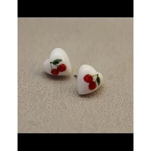 Cute Cherry Heart-Shaped Stud Earrings, Cherry Floral Design, Fruit Earrings